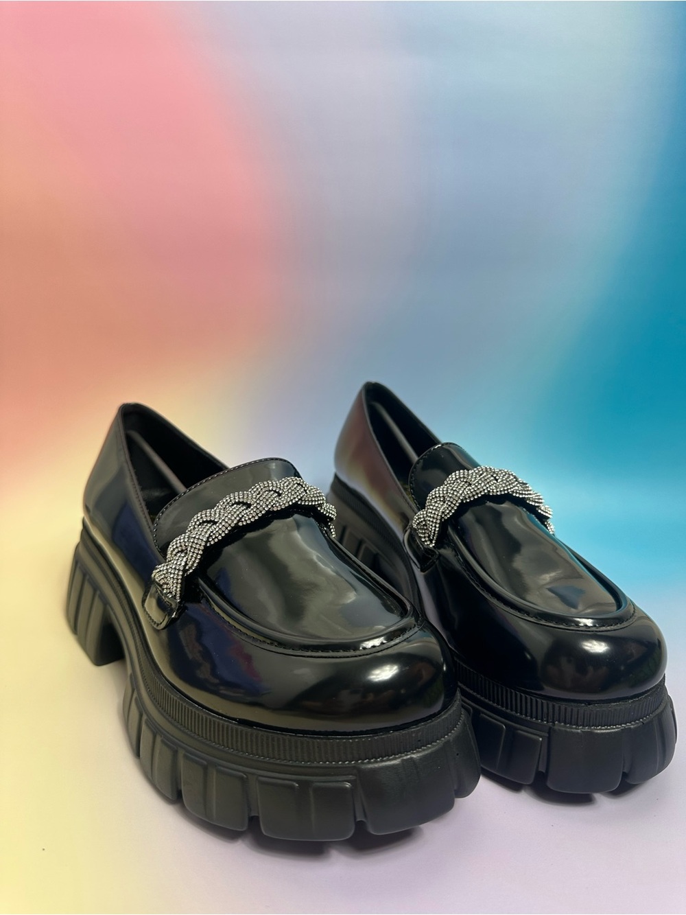 Liliana Black Patent Chunky Loafer with Crystal Chain